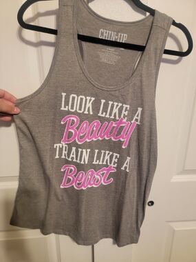 Chin Up Apparel Gray Tank Top with Pink & White Script